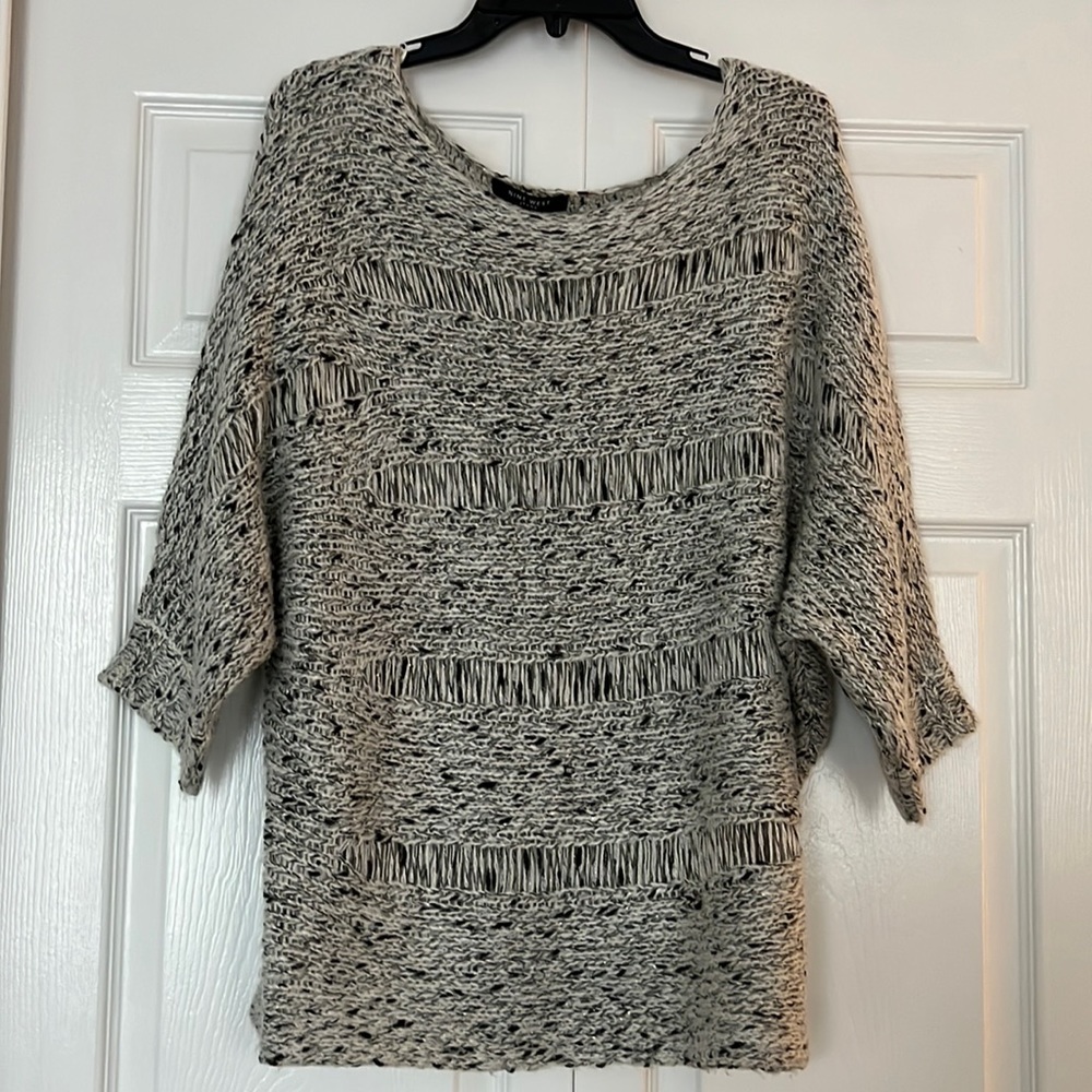 Nine West Jeans Grey Chunky Knit Crochet Off the Shoulder Sweater Size M